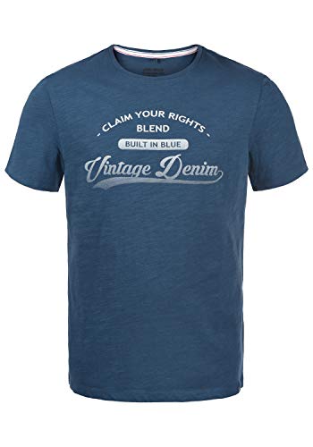 b BLEND Pillo Herren T-Shirt Kurzarm Shirt mit Print und Rundhalsausschnitt, Größe:L, Farbe:Dark Denim (194118) von b BLEND