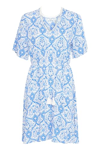 b.young BYHALBA Damen Kleid Freizeitkleid Webkleid mit V-Ausschnitt Rüsschen Bindeband Loose fit, Größe:44, Farbe:Palace Blue Mix (202846) von b.young