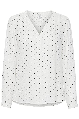 b.young BYHIALICE Damen Langarmshirt Langarmbluse Bluse mit V-Auschnitt Revers-Kragen mit verdeckter Knopfleiste Allover-Print Regular Fit, Größe:44, Farbe:Off White w. DOT (201114) von b.young