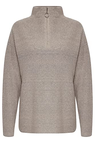 b.young BYNORA Long Jumper Damen Strickpullover Langer Gerippter Feinstrick Pullover Halfzip Troyer, Größe:M, Farbe:Cement Melange (1407081) von b.young