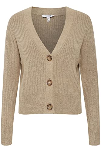 b.young BYNORA Short Cardigan Damen Strickjacke Gerippter Feinstrick Cardigan Strickcardigan mit V-Ausschnitt und Knopfleiste, Größe:L, Farbe:Cement Melange (1407081) von b.young