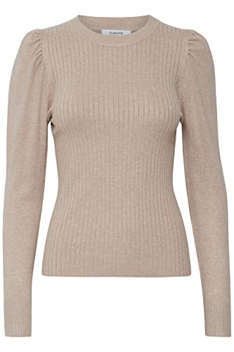 b.young BYPIMBA Rib Jumper Damen Strickpullover Gerippter Feinstrick Pullover mit Rundhalsausschnitt und Puffärmeln, Größe:2XL, Farbe:Cement Melange (1407081) von b.young