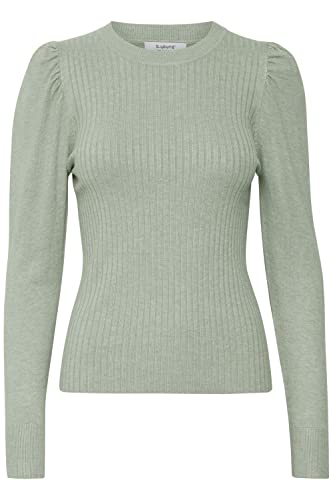 b.young BYPIMBA Rib Jumper Damen Strickpullover Gerippter Feinstrick Pullover mit Rundhalsausschnitt und Puffärmeln, Größe:2XL, Farbe:Frosty Green Melange (1557061) von b.young