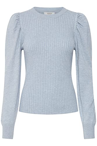 b.young BYPIMBA Rib Jumper Damen Strickpullover Gerippter Feinstrick Pullover mit Rundhalsausschnitt und Puffärmeln, Größe:S, Farbe:Kentucky Blue Melange (1539151) von b.young