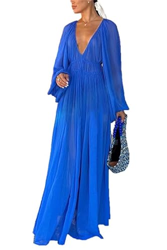 Damen Casual Puff Langarm V Ausschnitt Maxi Kleid Flowy Chiffon Plissee Loose Long Swing Kleider von babao