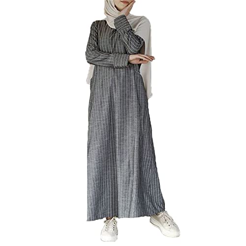 LäSsiges, LangäRmliges, Gestreiftes Baumwoll-Leinen-Kleid FüR Damen, Kaftan, Muslimische Abaya-Robe Mit Taschen von babao