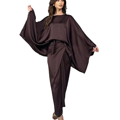 Zweiteilige Damen Satin Outfits Bluse fließender Maxirock Sets indisch arabische Kaftan Röcke Anzug von babao