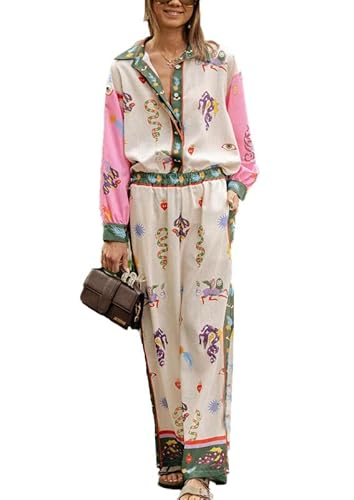 Boho Sets mit Graffiti Print 2-teiliges Set mit langärmligen Button Down Blusen, Hemden, Weite Hosen für Damen von babao