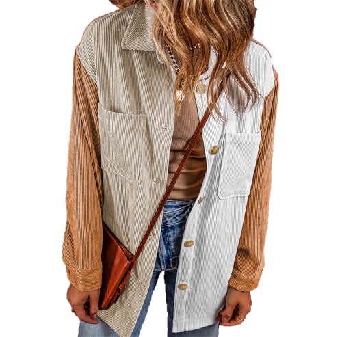 babao Damen Cordhemd mit langen Ärmeln und Farbblock Jacke Revers Boyfriend Shacket Jacke von babao