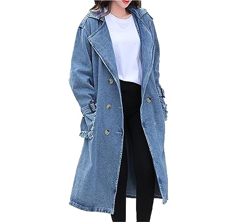 babao Damen Denim Langer Trenchcoat Zweireihiger Gürtel Langer Jeansmantel Revers Denim Trench Overcoat von babao