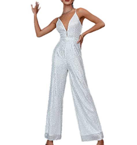 babao Damen Glitzer Pailletten Jumpsuits Weiß Sparkling Bodycon Strampler Clubwear Metallic Shiny Sling Playsuit Größe XL von babao