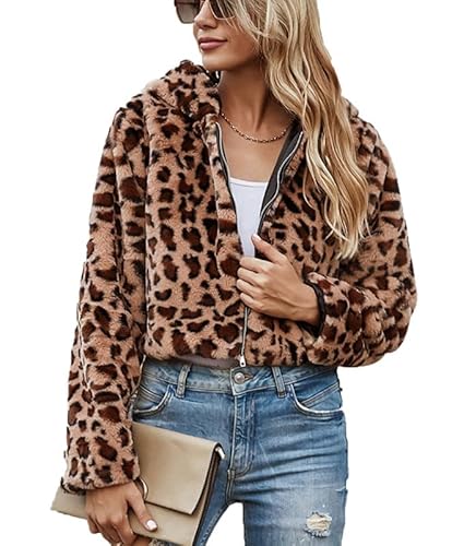 babao Damen Revers Leopard Fuzzy Mantel, Damen Winter Warm Sherpa Leopard Crop Coats Leopard Fleece Hoodie Jacken von babao