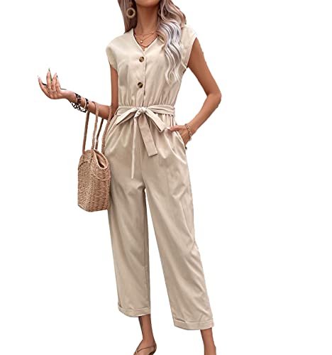 Damen Tank Jumpsuit, Damen Kurzärmel gegen Nacken Overalls, Frauenknopf Taille Binde Long Rolms von babao