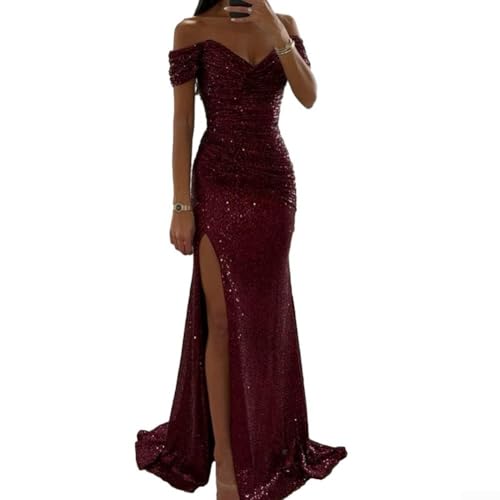 babominimer Damen Schulterfreies Pailletten-Maxikleid, Pailletten-Cocktailkleid, funkelndes Partykleid, Ballkleid, Partykleider (M Weinrot) von babominimer