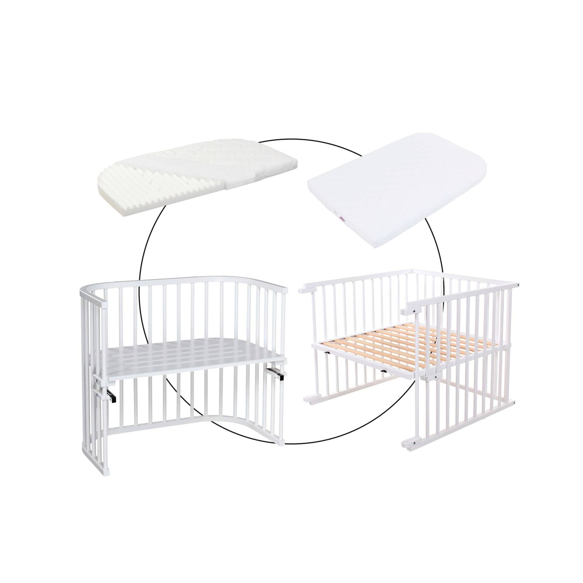 Babybay® Bundle Beistellbett Maxi inkl. Matratze Klima Wave und Kinderbettumbausatz inkl. Matratze Medicott extraluftig von babybay