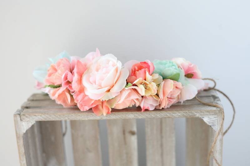 AvynKleinkind Kind Erwachsene Verstellbare Blumenkrone Koralle Blush Aqua Pastell Blumen Boho Haarband Halo von babybirdieboutique