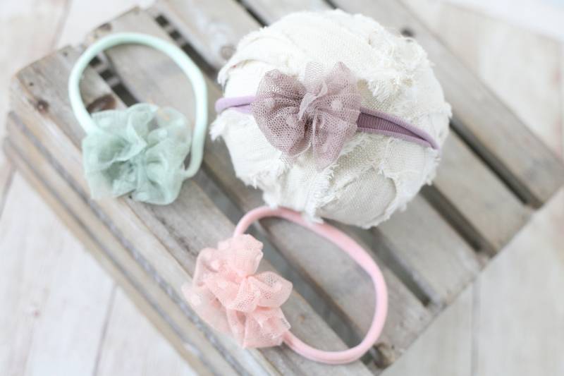 Dreifacher Faden Chiffon Mint Seeschaum Pfirsich Rosa Staublavendel Set Aqua Schleife Zierlich Zart Accessoire Neugeborene Bio Raffhalter Baby von babybirdieboutique
