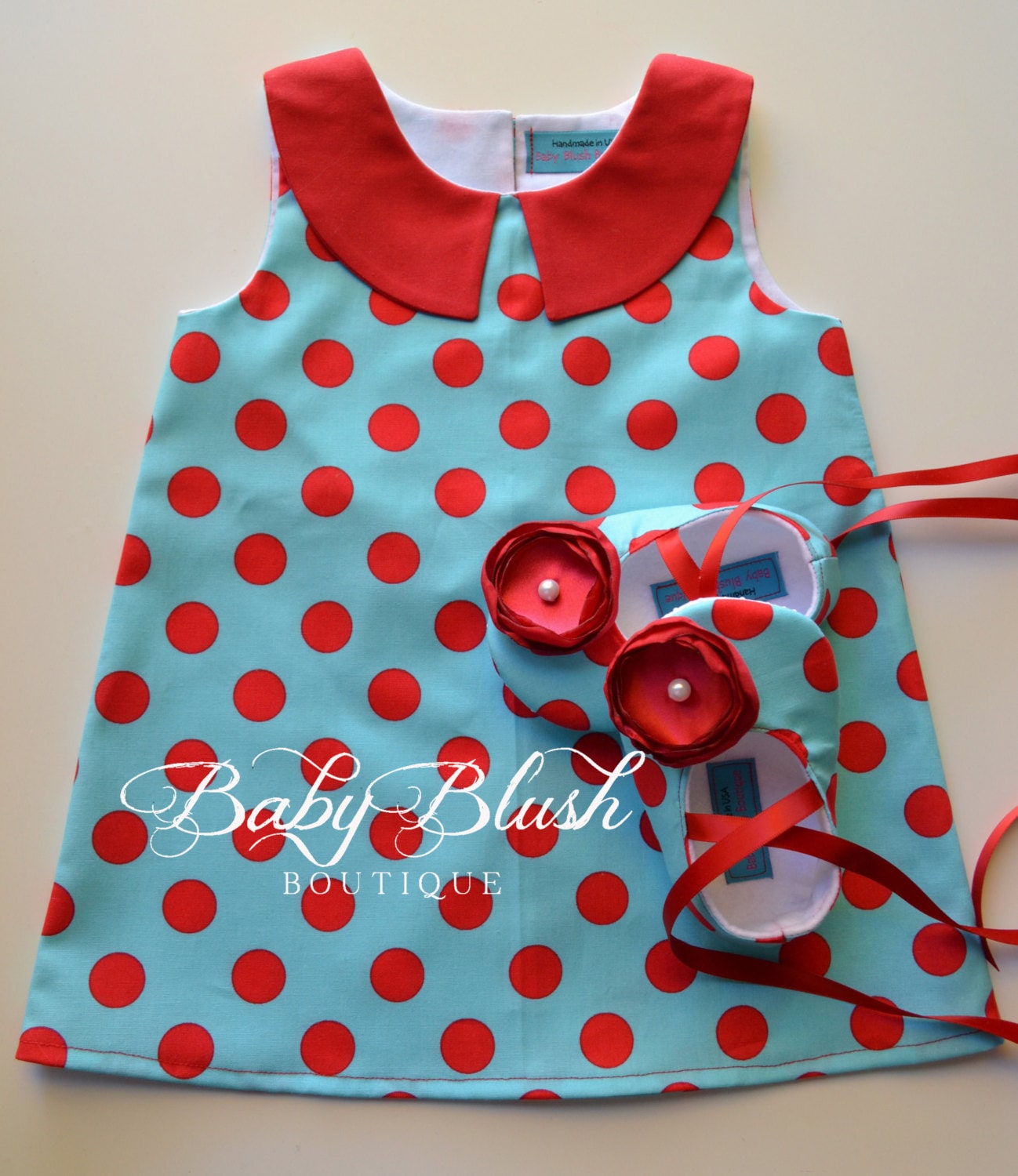 Aqua Red Polka Dot Retro Kleid Schuhe Set Kleinkinder Outfit Babyschuhe von babyblushboutique