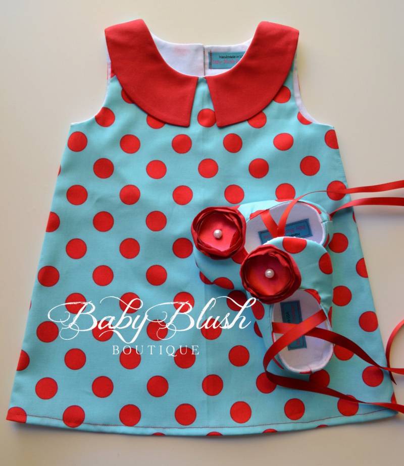 Aqua Red Polka Dot Retro Kleid Schuhe Set Kleinkinder Outfit Babyschuhe von babyblushboutique