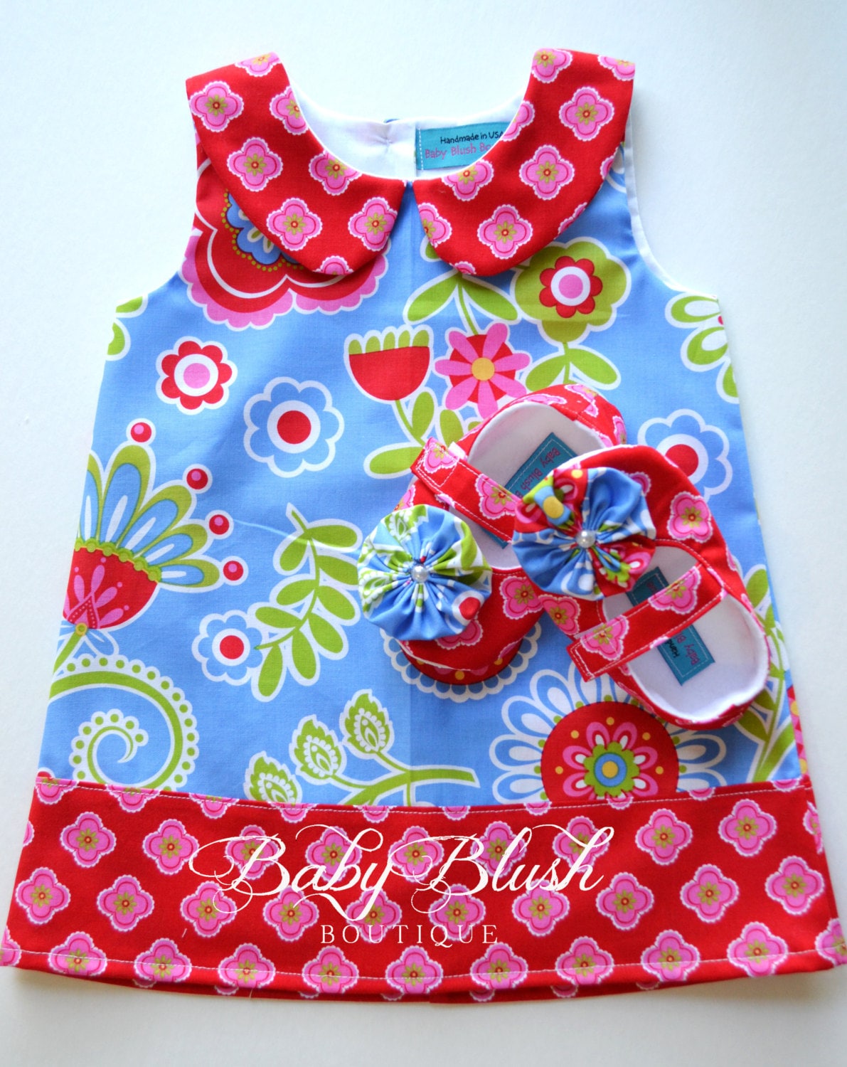 Blaues Rotes Floral Retro Kleid Schuhe Set Kleinkinder Outfit Babyschuhe von babyblushboutique