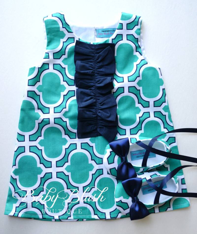 Blaugrün Marine Rüschen Retro Kleid Schuhe Set Kleinkinder Outfit Babyschuhe von babyblushboutique