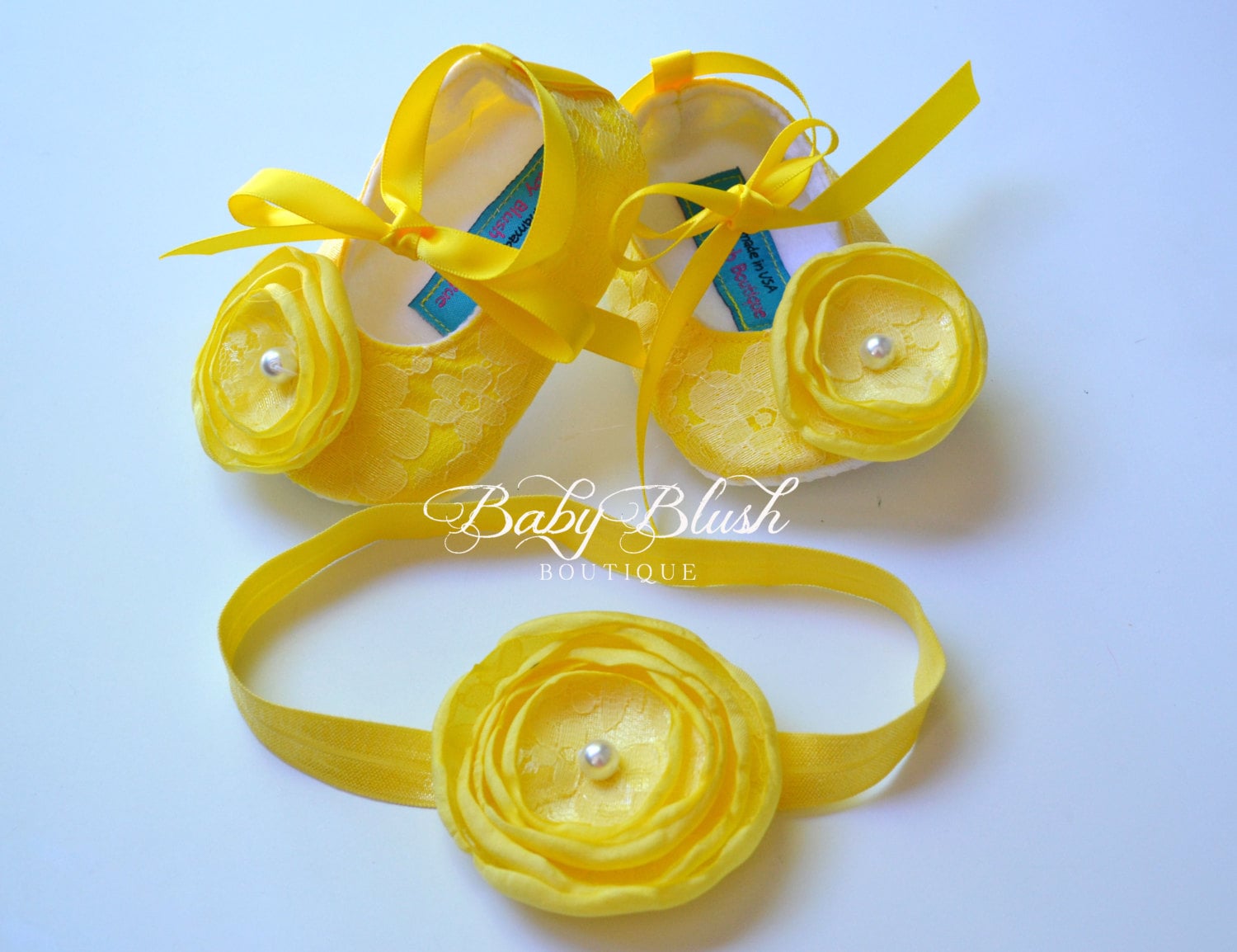 Gelbe Lace Baby Ballerina Hausschuhe Mit Passendem Stirnband von babyblushboutique