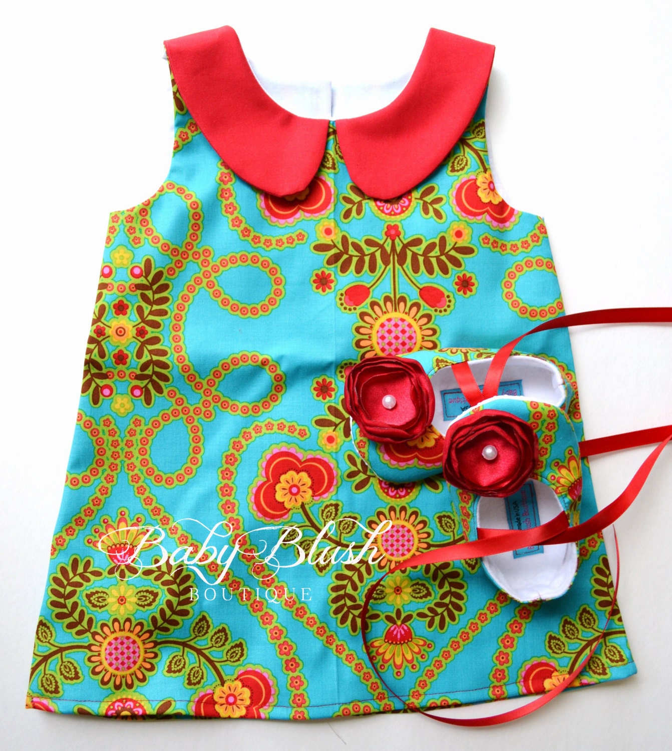 Grünes Rotes Floral Retro Kleid Schuhe Set Kleinkinder Outfit Babyschuhe von babyblushboutique