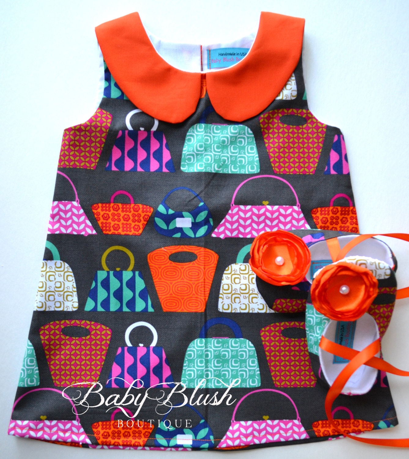 Handtasche Orange Retro Kleid Schuhe Legen Sie Kleinkinder Outfit-Babyschuhe von babyblushboutique