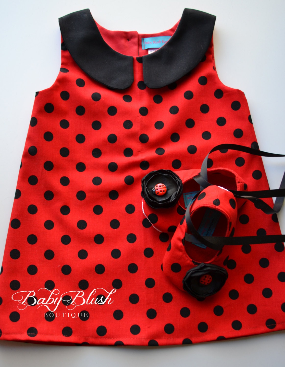 Marienkäfer Retro Rot Schwarz A-Linie Kleid Schuhe Set Baby Outfit Babyschuhe von babyblushboutique