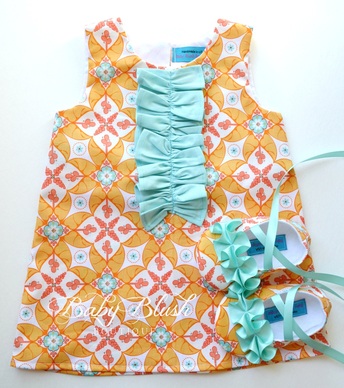 Orange Aqua Ruffle Kleid Schuhe Set Kleinkinder Outfit Babyschuhe von babyblushboutique