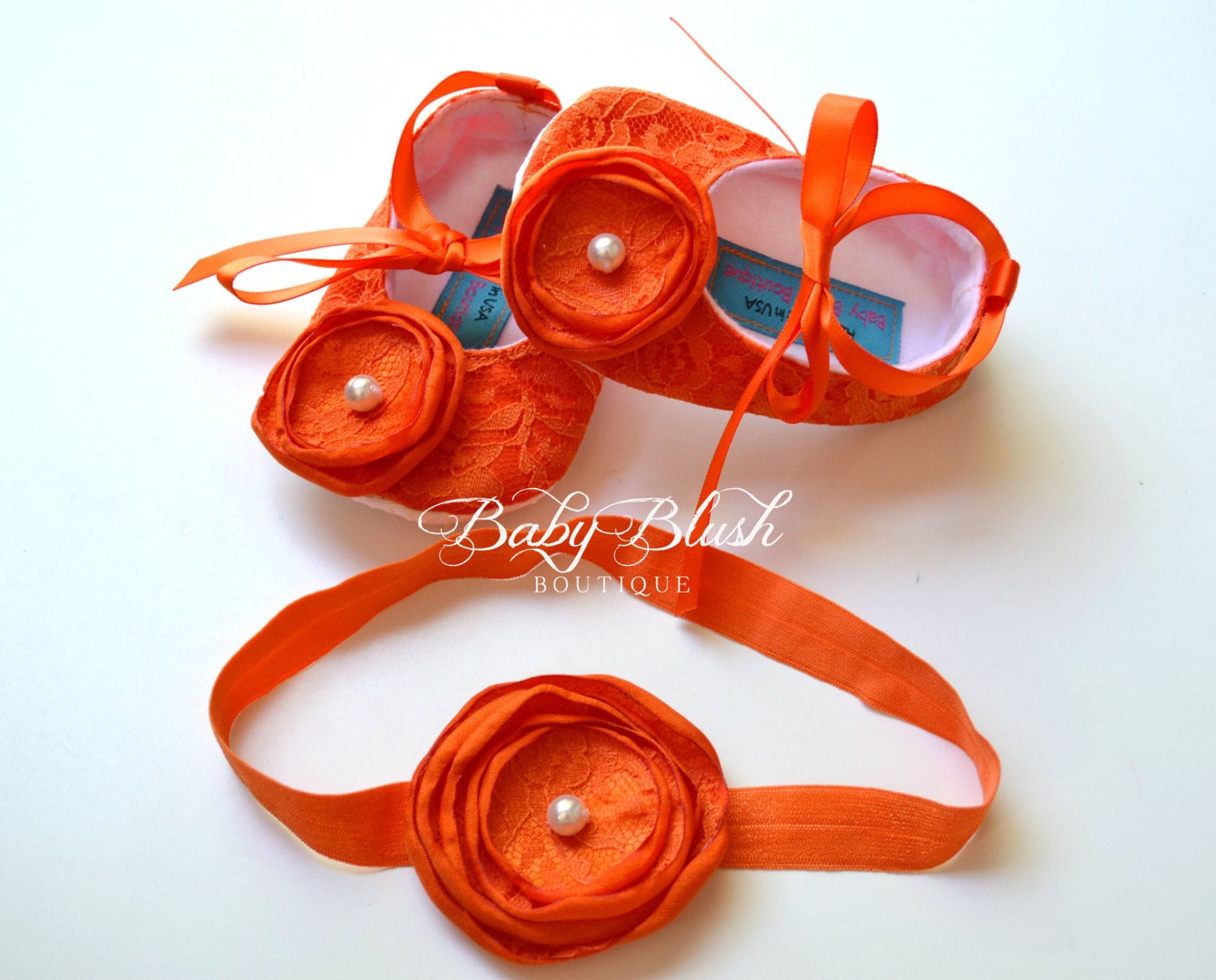 Orange Lace Baby Ballerina Hausschuhe Mit Passendem Stirnband von babyblushboutique
