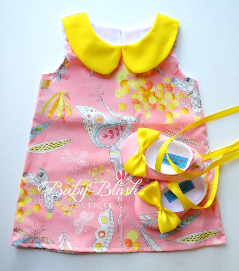 Rosa Gelb Mimosa Retro Kleid Set Kleinkinder Outfit Babyschuhe von babyblushboutique