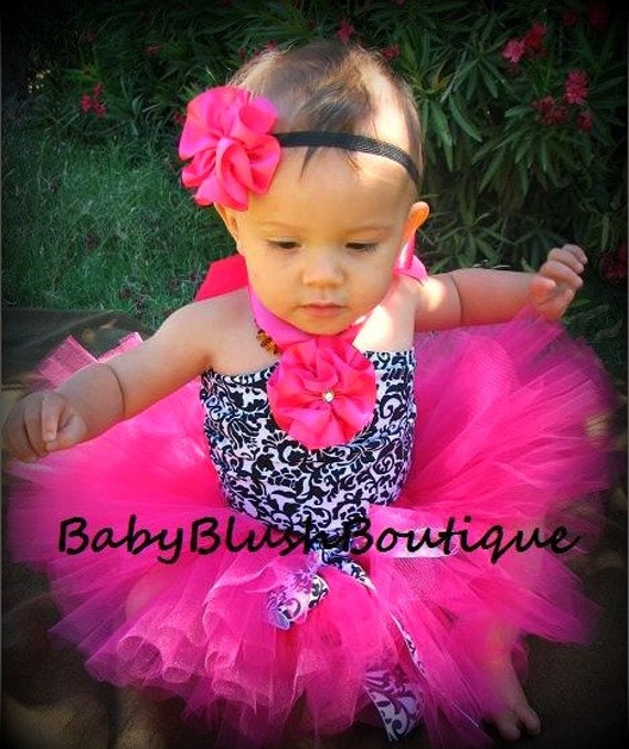 Tutu Schwarzweiss Damast Baby Kleinkind Outfit Kostüm Set 3 Stk | Tutu, Stilvolle Top, Stirnband von babyblushboutique