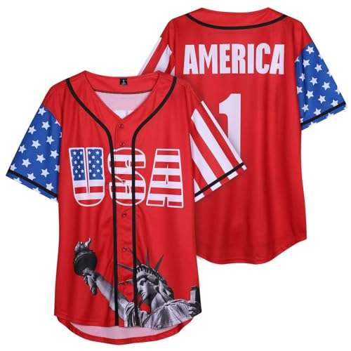 Damen Baseballtrikot mit amerikanischer Flagge, Knopfleiste, kurzärmelig, USA Adler-Shirt für Damen, Rot/Ausflug, einfarbig (Getaway Solids), Klein von babyhealthy