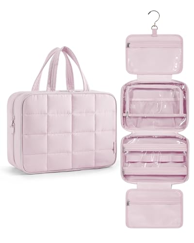 BAGSMART Kulturbeutel zum Aufhängen, Kulturtasche für Damen, Kosmetiktasche Groß, Toilettentasche Damen Reise Schmuck Organizer, Puffy Makeup Bag Organizer, Rosa von bagsmart