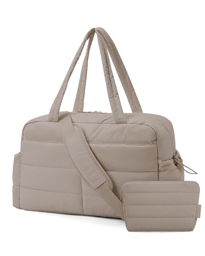 bagsmart Reisetasche Sporttasche Damen, 31L Wasserabweisend Puffer Handgepäck Tasche Weekender Bag Gesteppt Laptop-Handgepäck mit Kosmetiktasche, Kliniktasche Geburt für Gym, Fitness, Arbeit, Kamel von bagsmart
