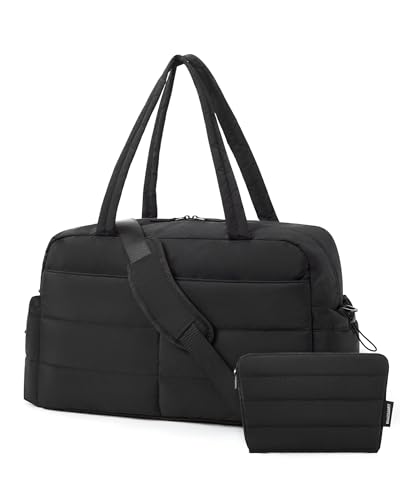 bagsmart Reisetasche Sporttasche Damen, 31L Wasserabweisend Puffer Handgepäck Tasche Weekender Bag Gesteppt Laptop-Handgepäck mit Kosmetiktasche, Kliniktasche Geburt für Gym, Fitness, Arbeit, Schwarz von bagsmart