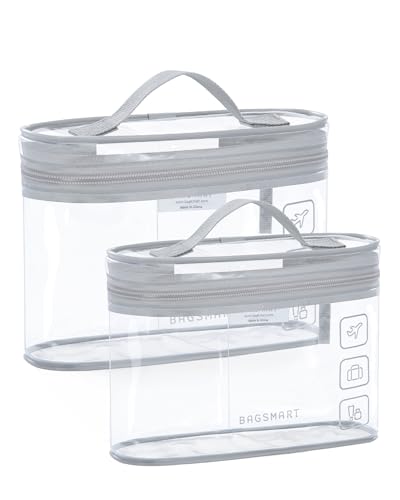 BAGSMART TSA-zugelassener Kulturbeutel, 2er-Pack Transparenter Make-up-Kosmetikbeutel-Organizer, Reisetasche in Quart-Größe für Toilettenartikel, Reisezubehör fürs Handgepäck, Grau, 2 Stück von bagsmart