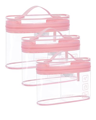 BAGSMART TSA-zugelassener Kulturbeutel, 2er-Pack Transparenter Make-up-Kosmetikbeutel-Organizer, Reisetasche in Quart-Größe für Toilettenartikel, Reisezubehör fürs Handgepäck, Rosa, 3 Stück von bagsmart