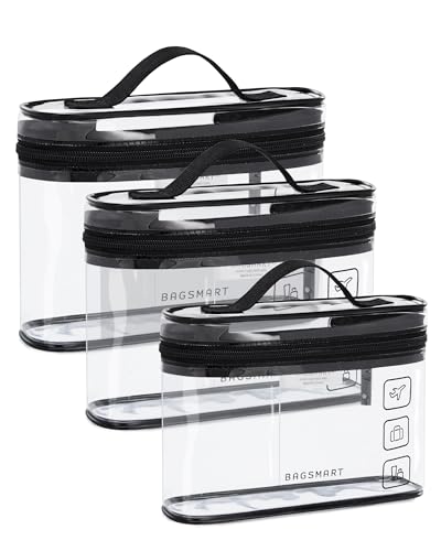 BAGSMART TSA-zugelassener Kulturbeutel, 2er-Pack Transparenter Make-up-Kosmetikbeutel-Organizer, Reisetasche in Quart-Größe für Toilettenartikel, Reisezubehör fürs Handgepäck, Schwarz, 3 Stück von bagsmart