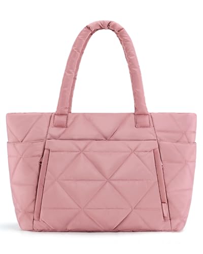 bagsmart Damen Tragetasche Laptoptaschen Einkaufstasche, 20L Gesteppte Umhängetasche mit Mehreren Fächern, Reißverschluss und Gepäckgurt für Reisen, Arbeiten, Studium und Strandurlaub, Dunkelrosa von bagsmart
