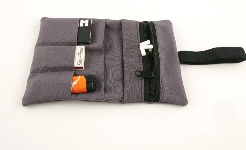 Tabaktasche Dunkelgrau, Tabakbeutel Grau, Stoff Selbst Genäht, Mit Vielen Fächern von bagsnap