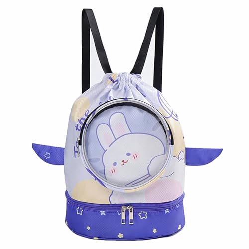 bainuote Schwimmtasche Kinder Turnbeutel Mädchen Jungen Wasserdicht Schwimmrucksack Leichte Wochenend Sporttasche Strandrucksack mit Kordelzug, mit Nassfach und Trockener (Blau+Lila, Süßer Hase) von bainuote