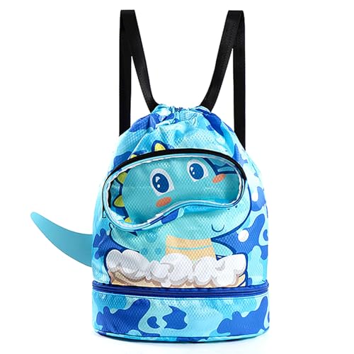 bainuote Schwimmtasche Kinder Turnbeutel Mädchen Jungen Wasserdicht Schwimmrucksack Wochenend Sporttasche Strandrucksack mit Kordelzug, mit Nassfach und Trockener (Blau, Kleiner Dinosaurier) von bainuote