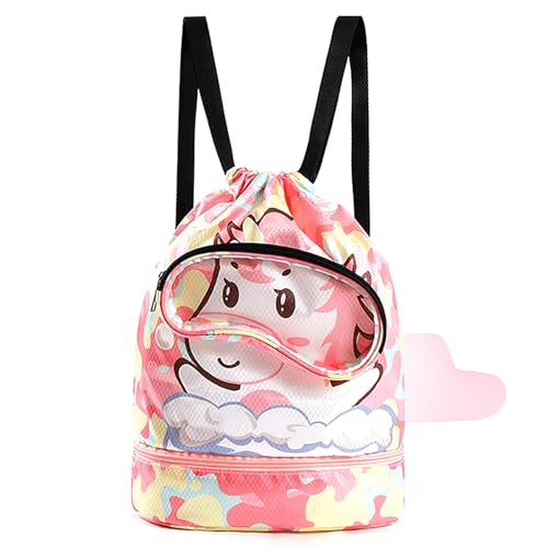 bainuote Schwimmtasche Kinder Turnbeutel Mädchen Jungen Wasserdicht Schwimmrucksack Trainingstasche Wochenend Sporttasche Strandrucksack mit Kordelzug, mit Nassfach und Trockener, Pink von bainuote