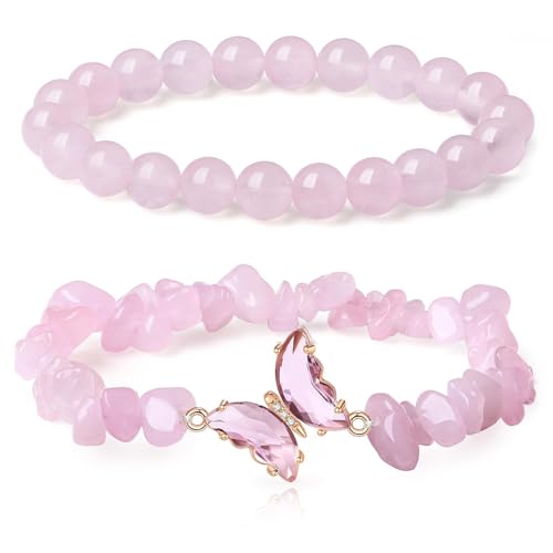 2 PCS Kristall Stein Armbänder, Schmetterling Amethyst Kristall Chip Armband Muster, Energie Heilung Perlen für Frauen (Rosa) von baizhong