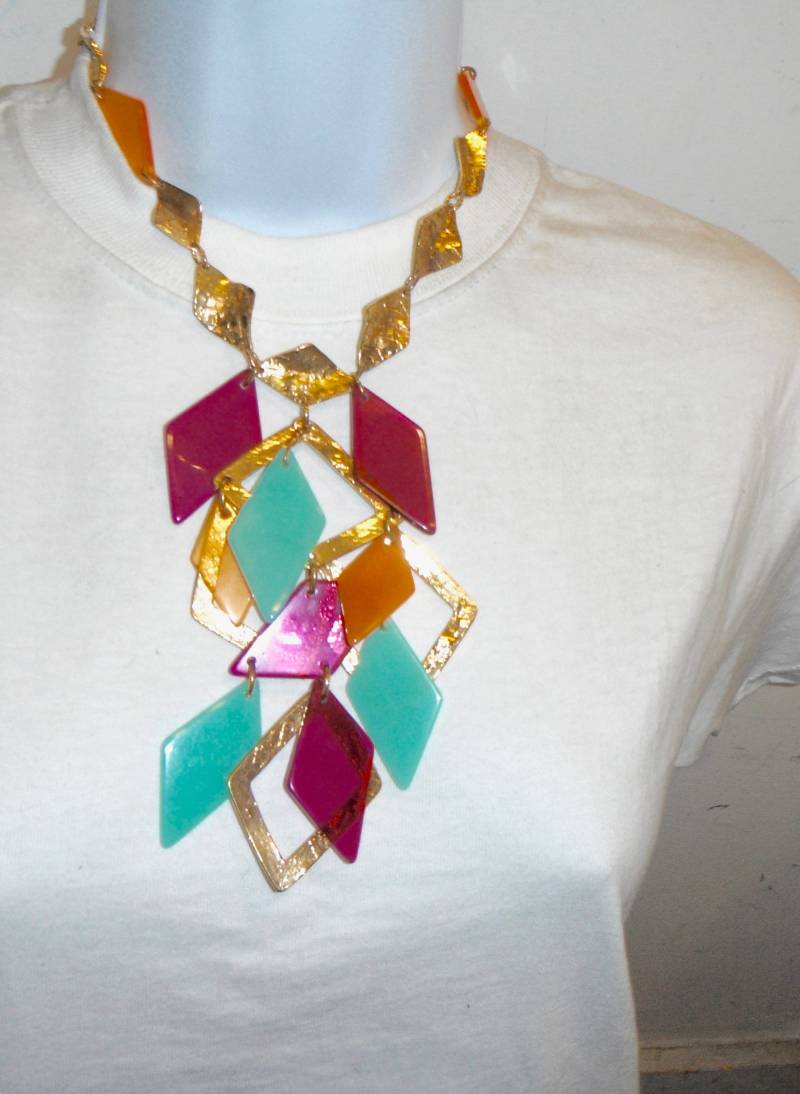 Cecile Jeanne Seltene Paris Hängende Anhänger Bib Halskette Goldene Lucite Ofak von bakelitecache