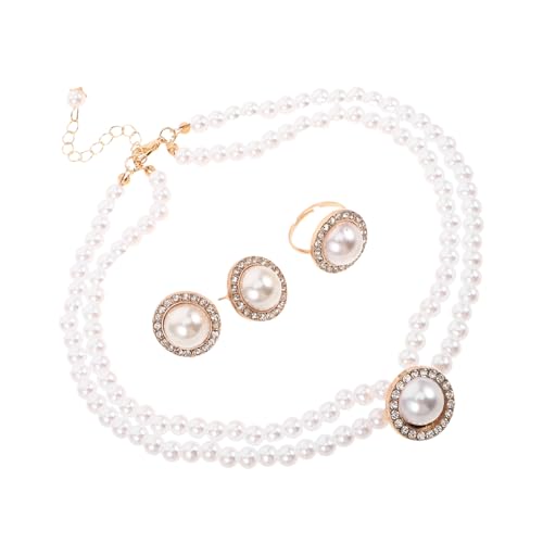 balacoo Vintage Brautschmuck Set Imitation Perlen Halskette Ohrringe Ring mit Strass Leichtes Schmuckset für Hochzeit Party Büro Elegantes Damen Accessoire von balacoo