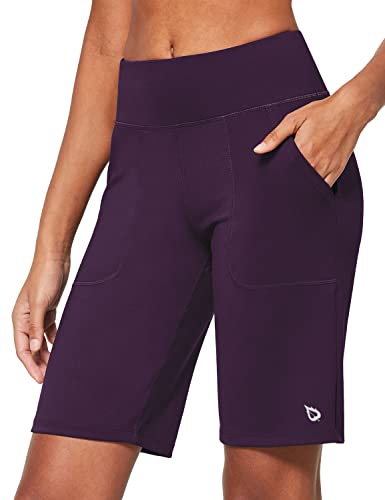 BALEAF Damen 10" Bermuda Shorts Knielang Sommer Kurze Hose Hohe Taile Sporthose kurz mit Taschen Laufshorts Runningshorts Dunkel lila XXL von baleaf