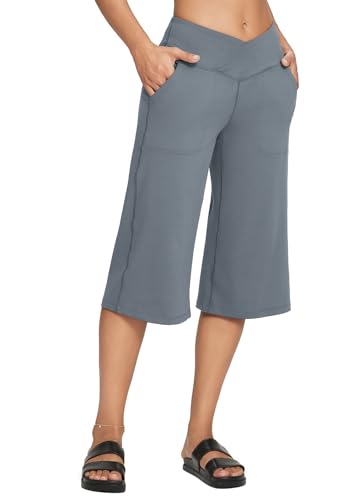 BALEAF Damen Weites Bein Capris Yoga Hose Crossover Hohe Taille Crop Kleid Hose mit Taschen Loose Lounge Casual Sommer Dunkelgrau M von baleaf